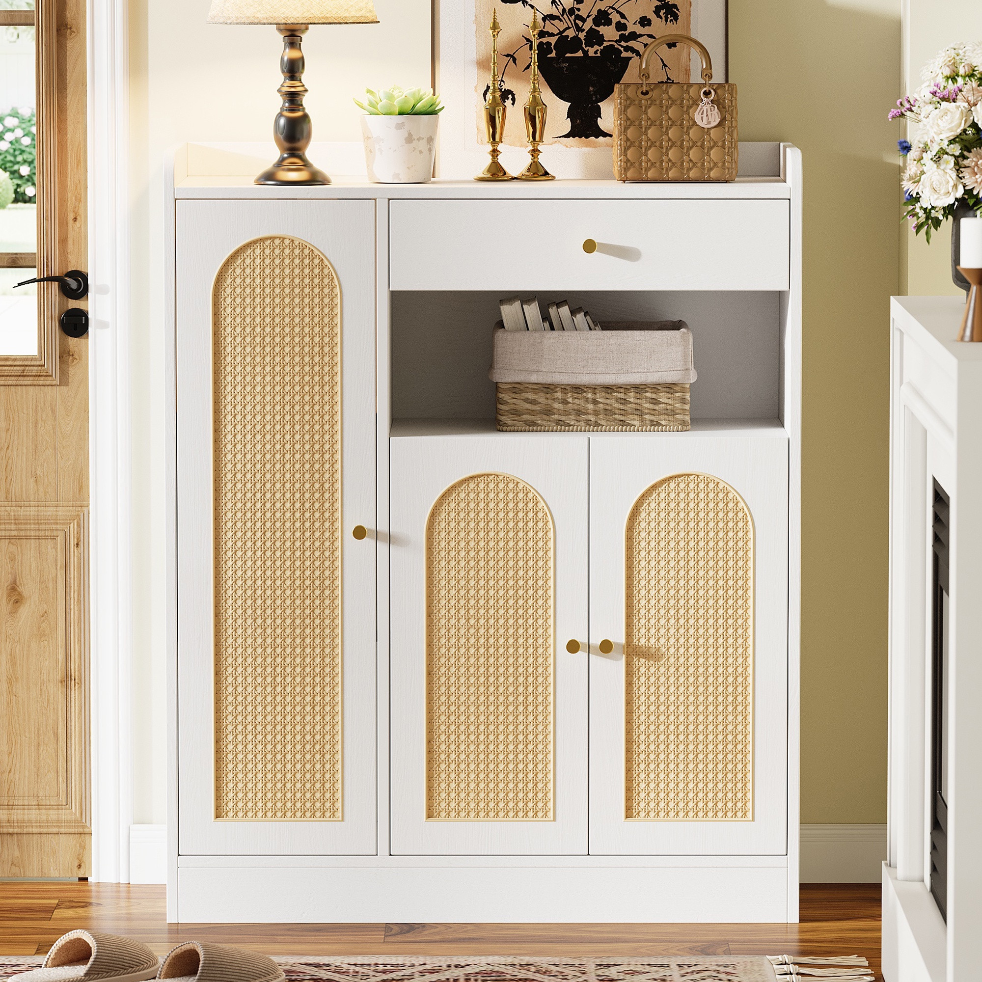 Schuhschrank, 90x35x110 Cm, Aufbewahrung Für Eingangsbereich, Flur Und Wohnzimmer, Mit 1 Schublade Und 3 Türen Mit Verstellbaren Einlegeböden, Weiß Und Naturholz