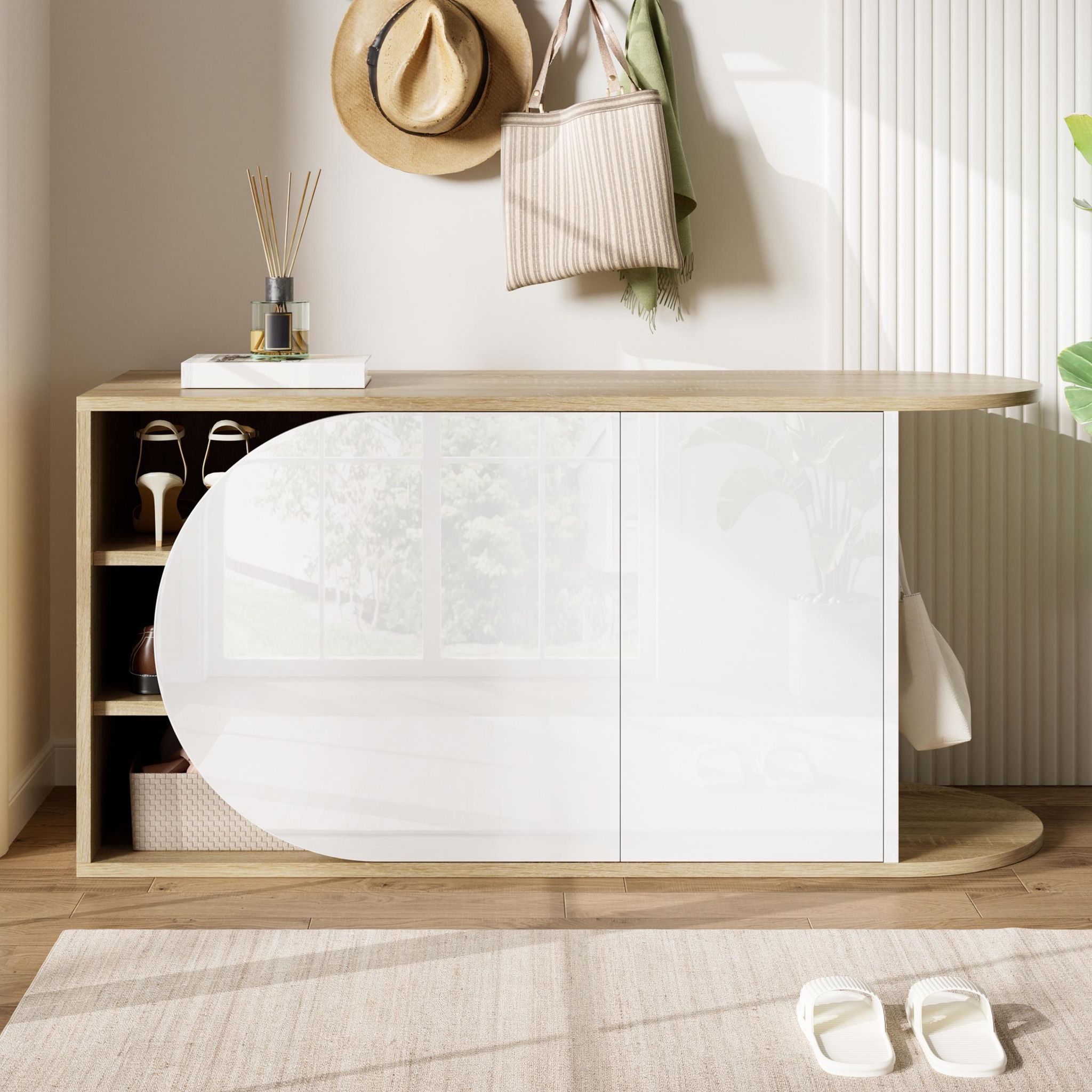 Niedriger Schuhschrank, 104x37x50 Cm, Eingangsbank Mit Haken Und 2 Türen Für Den Flur, Glänzender Französischer Stil, Weiß Und Naturholz
