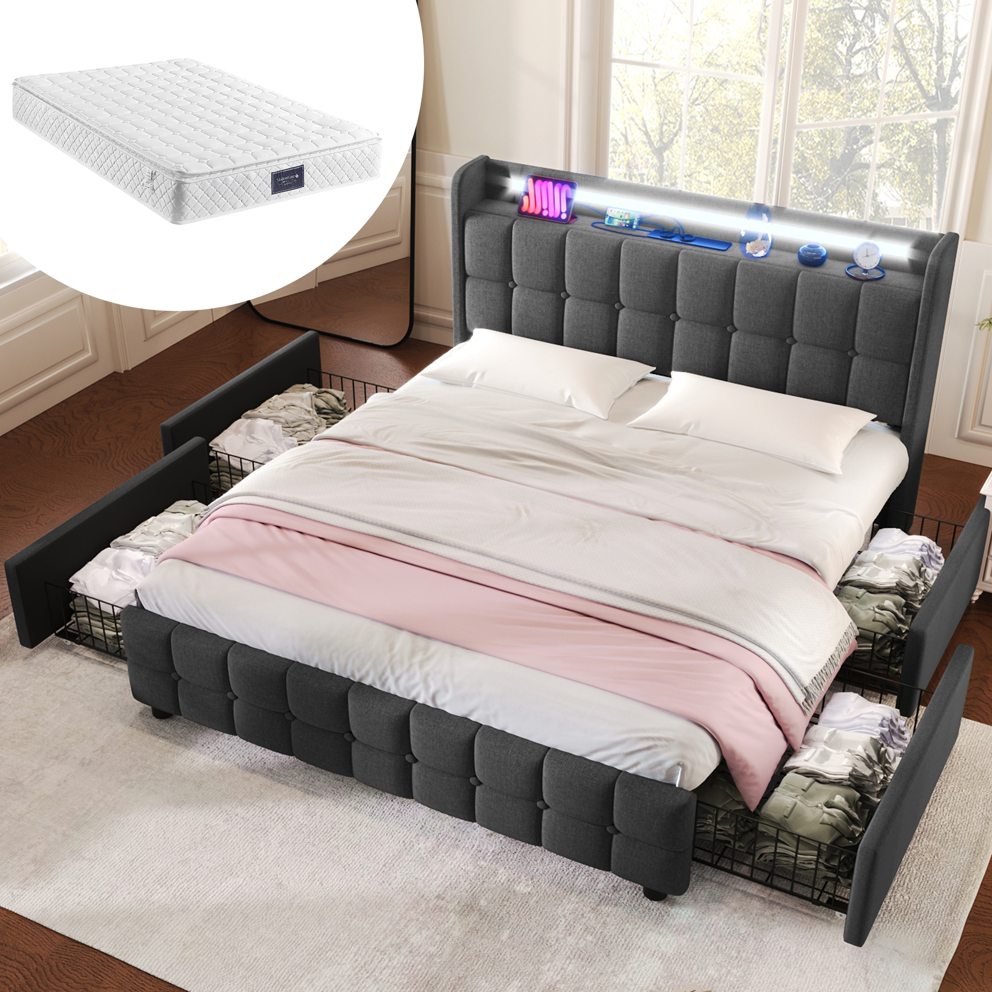 Polsterbett 160x200 Mit Matratze Und Stauraum Grau - Doppelbett Mit 4 Schubladen, Led-beleuchtung & Usb-ladefunktion Im Kopfteil, Inkl. Lattenrost