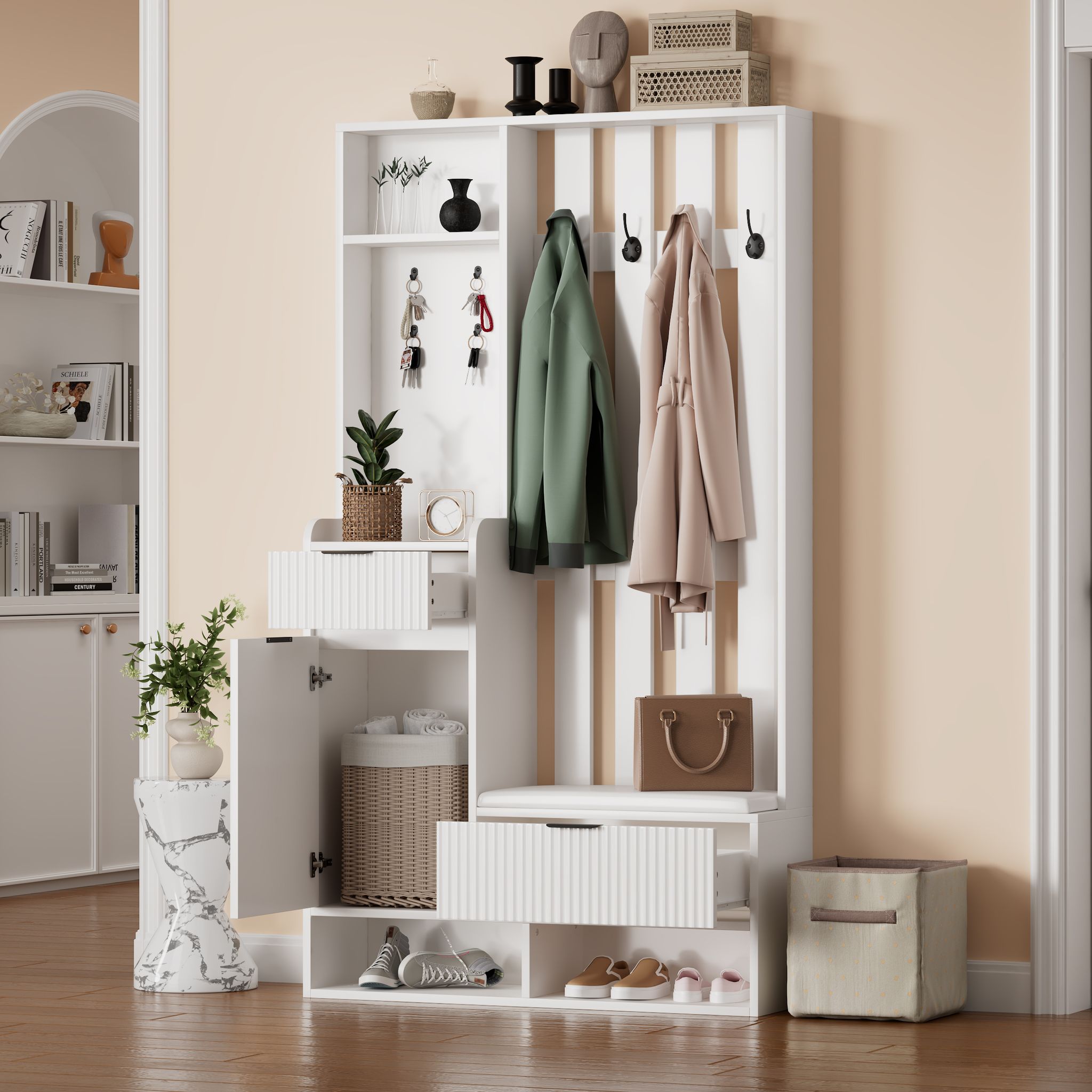 Garderobenständer 6-in-1 Weiß Mit Schuhbank & Sitzkissen, Kompaktgarderobe 100x30x180 Cm, Flurgarderobe Mit 8 Haken, Schubladen, Schrank & Kippschutz