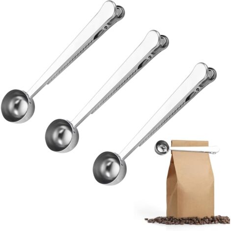 Pa Kaffee-messlöffel Mit Beutel-clip, 3 Stück, Kaffee-dosierlöffel, Langer Griff, Silberfarben, 2-in-1-edelstahl-kaffeelöffel Für Milchpulver, Gewürze, Kaffee Und Bohnen