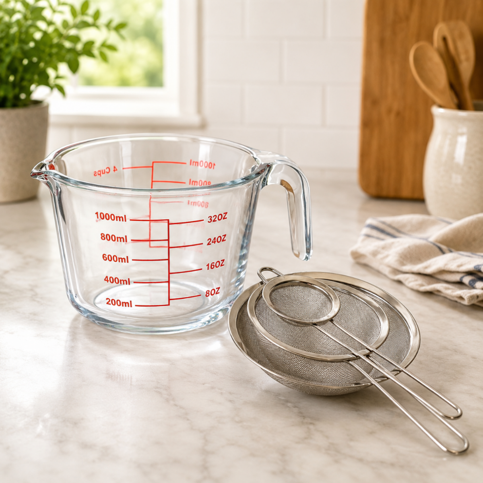 Nudel Zubereitungsset 2 Teilig 3 Teiliges Edelstahl Sieb Set 1 Liter Messbecher Aus Glas 221352002 221352002 221352002