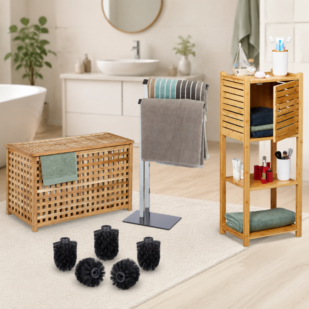 Badezimmer Set Aus Walnussholz 4 Teilig - Bambusregal Handtuchhalter Aus Chrom Waschekorb Bursten Ersatzteile 224683258 224683258 224683258