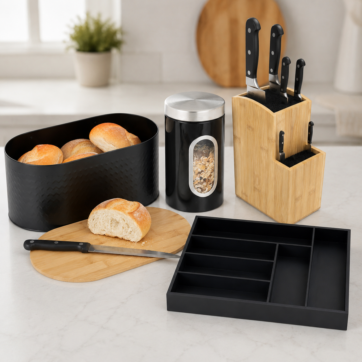 Kuchenarbeitsplatten Set Aus Bambus 4 Teilig - Einmachglas Messerblock Brotkasten Besteckkasten 224683205 224683205 224683205