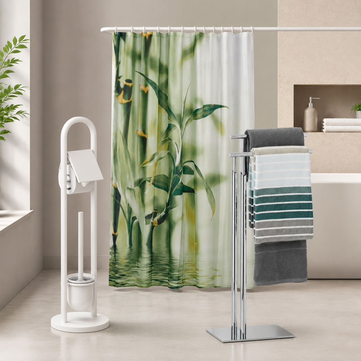 Kompaktes Badezimmer Set 3 Teilig - Stehender Handtuchhalter Handtuchrollen Und Burstenset Sowie Bambusvorhang 224683242 224683242