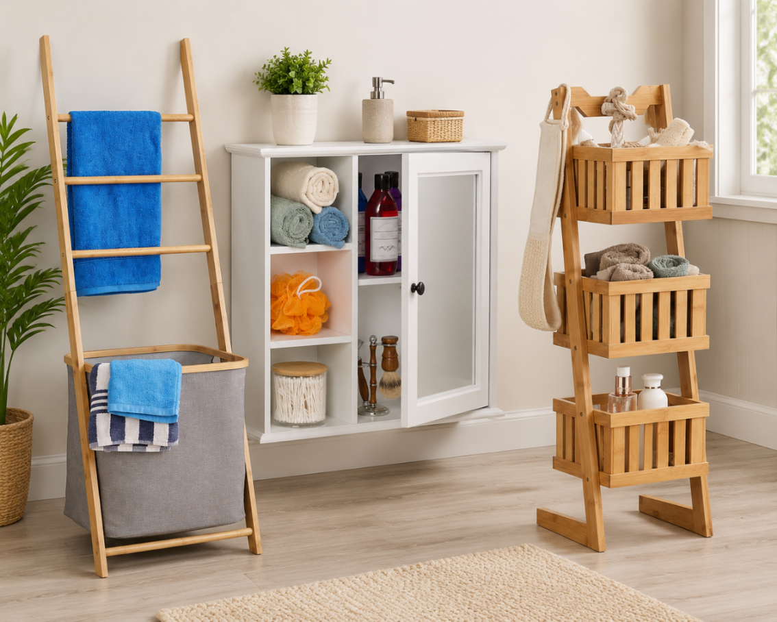 Bambus Badezimmer Organizer Set 3 Teilig - Handtuchhalter Spiegelschrank 3 Korb Regal 224683229 224683229