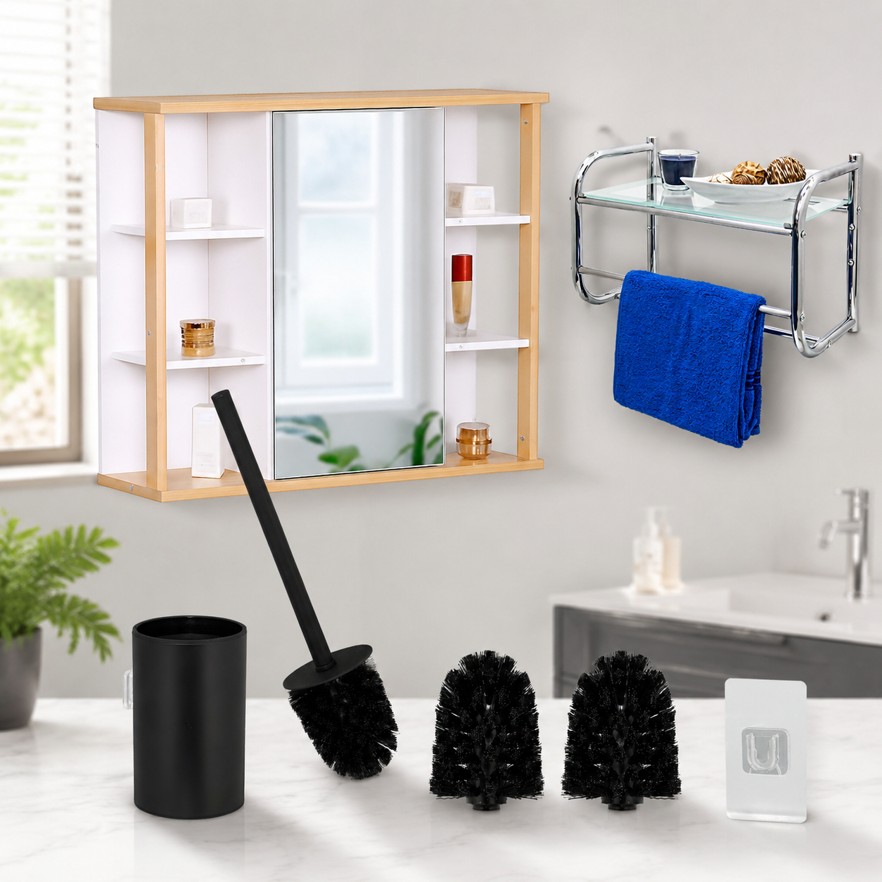Wandmontiertes Badezimmer Set 3 Teilig - Handtuchablage Aus Glas Spiegelschrank Wc Bursten Set 224683338 224683338 224683338