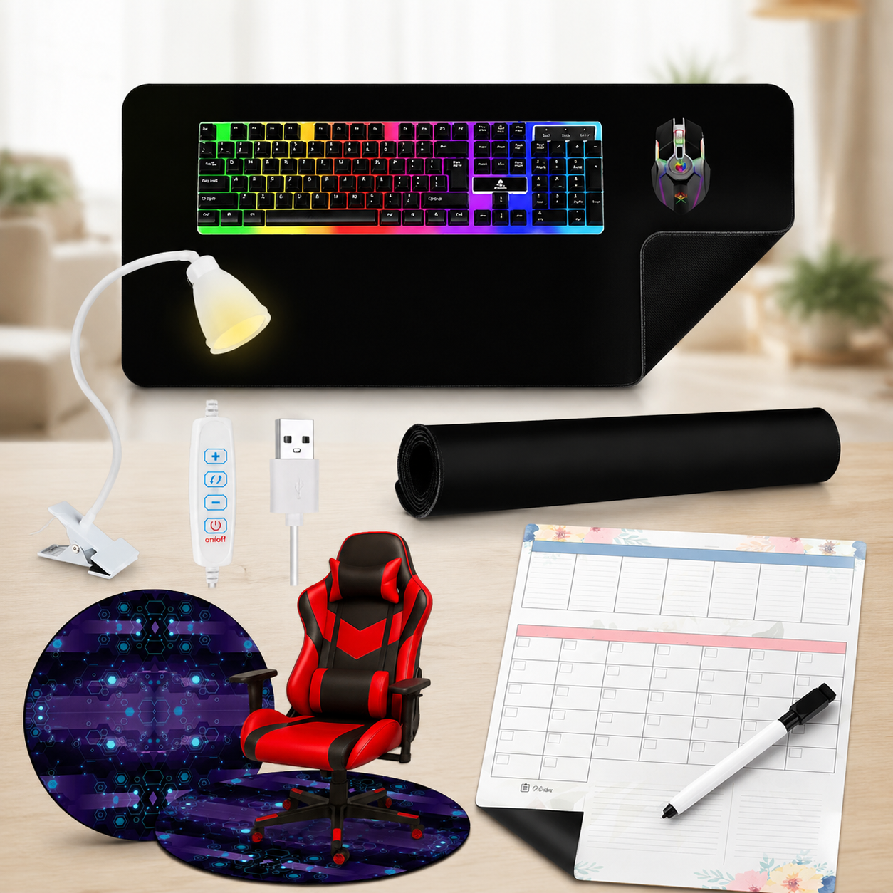 Gaming Schreibtisch Set 4 Teilig - Schreibtischlampe Mit Klemme Magnetischer Planer Runde Stuhlmatte Xxl Mauspad 224682967 224682967 224682967 224682967