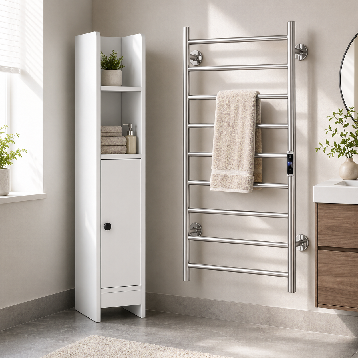 Set Mit Beheizbaren Badutensilien 2 Teilig Schmaler Bodenschrank Elektrischer Handtuchwarmer Mit 10 Haken 221352117 221352117