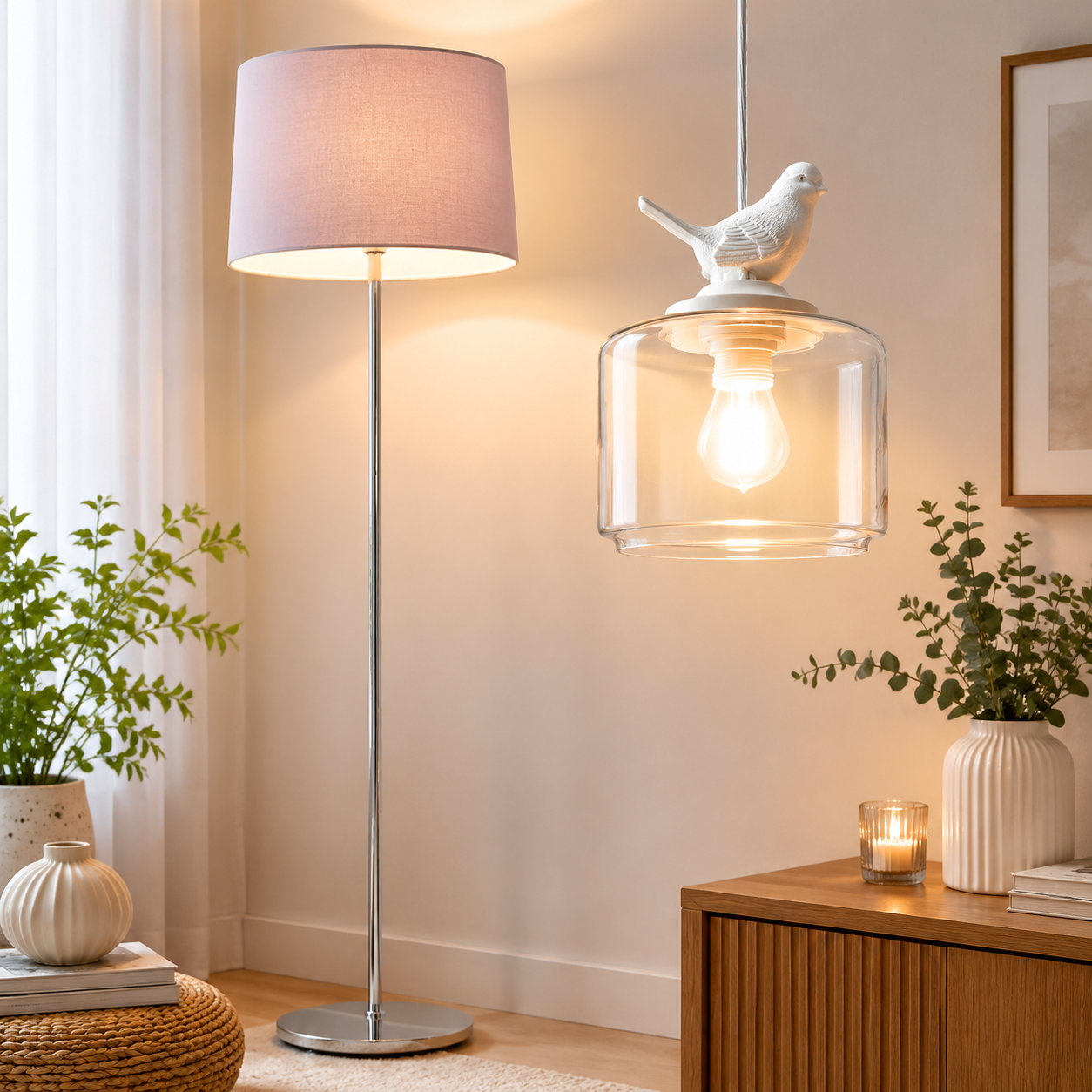 Originelles Beleuchtungsset 2 Teilig Pendelleuchte In Vogelform Stehlampe Mit Stoffschirm 221352100 221352100