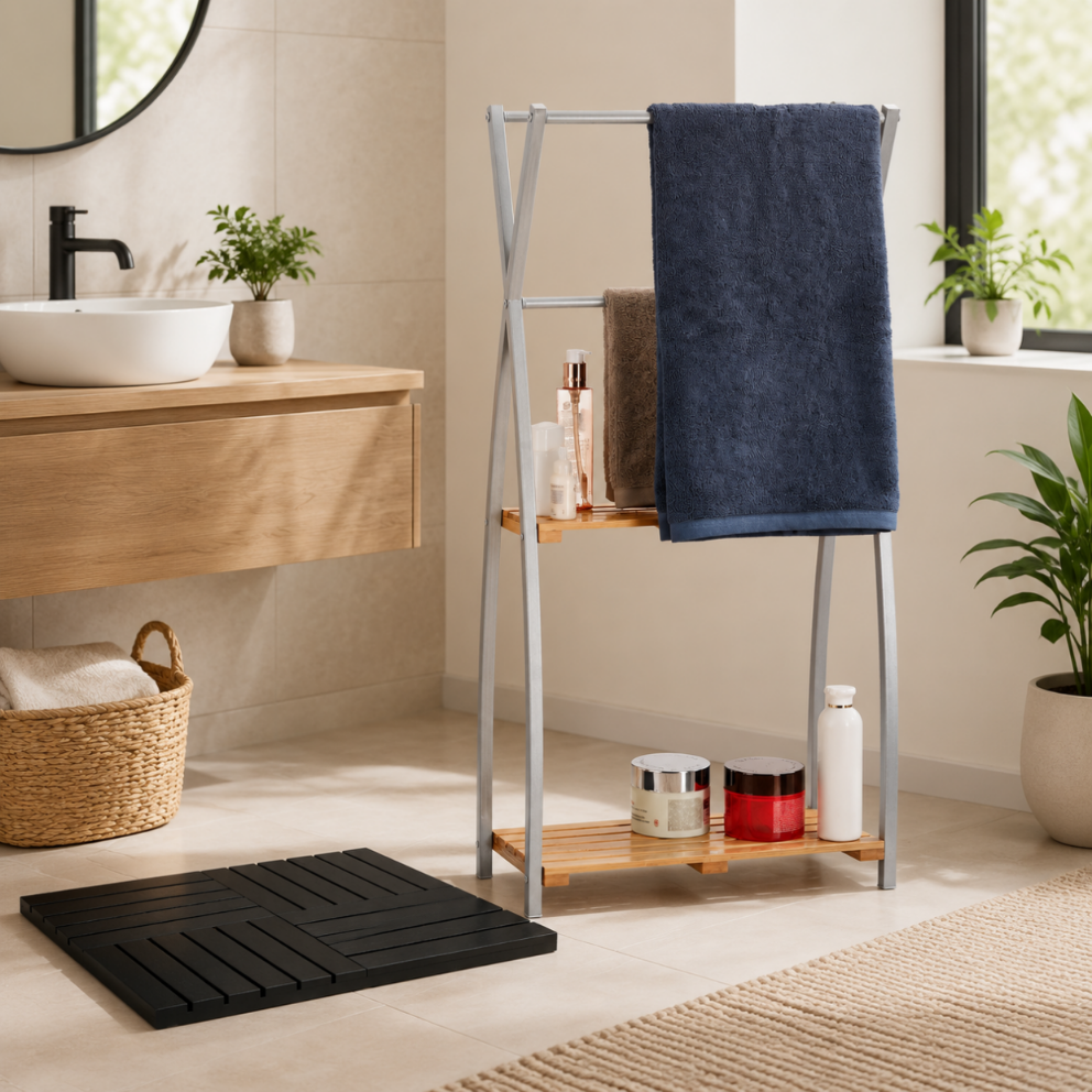 Badezimmer Set Aus Bambus 2 Teilig Badematte Aus Bambusmosaik 95 Cm Hoher Handtuchhalter 221352176