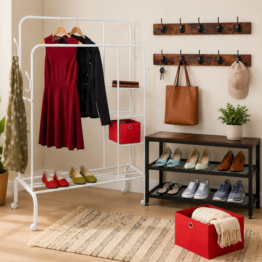 Mobiles Aufbewahrungsset Fur Den Kleiderschrank 3 Teilig Rollbarer Kleiderstander Schuhregal Stoffschubladen 221352168 221352168 221352168 221352168