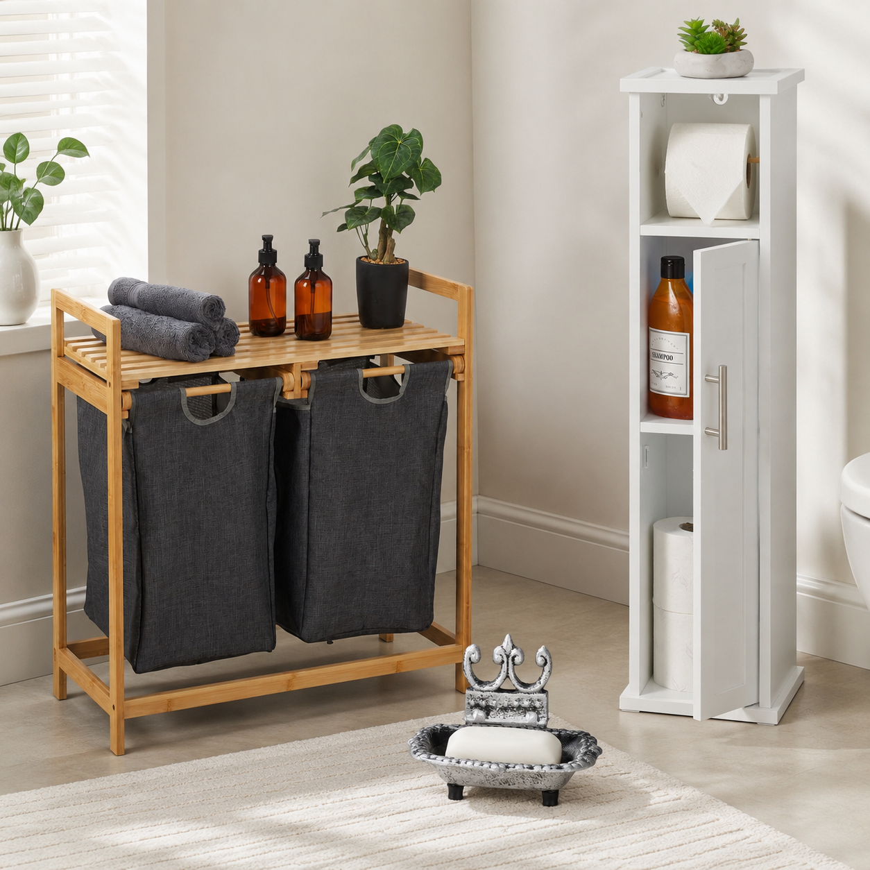 Schlankes Badezimmer Set Aus Bambus 3 Teilig Wascheablage Schmaler Schrank Und Seifenschale Aus Gusseisen 221352181 221352181 221352181
