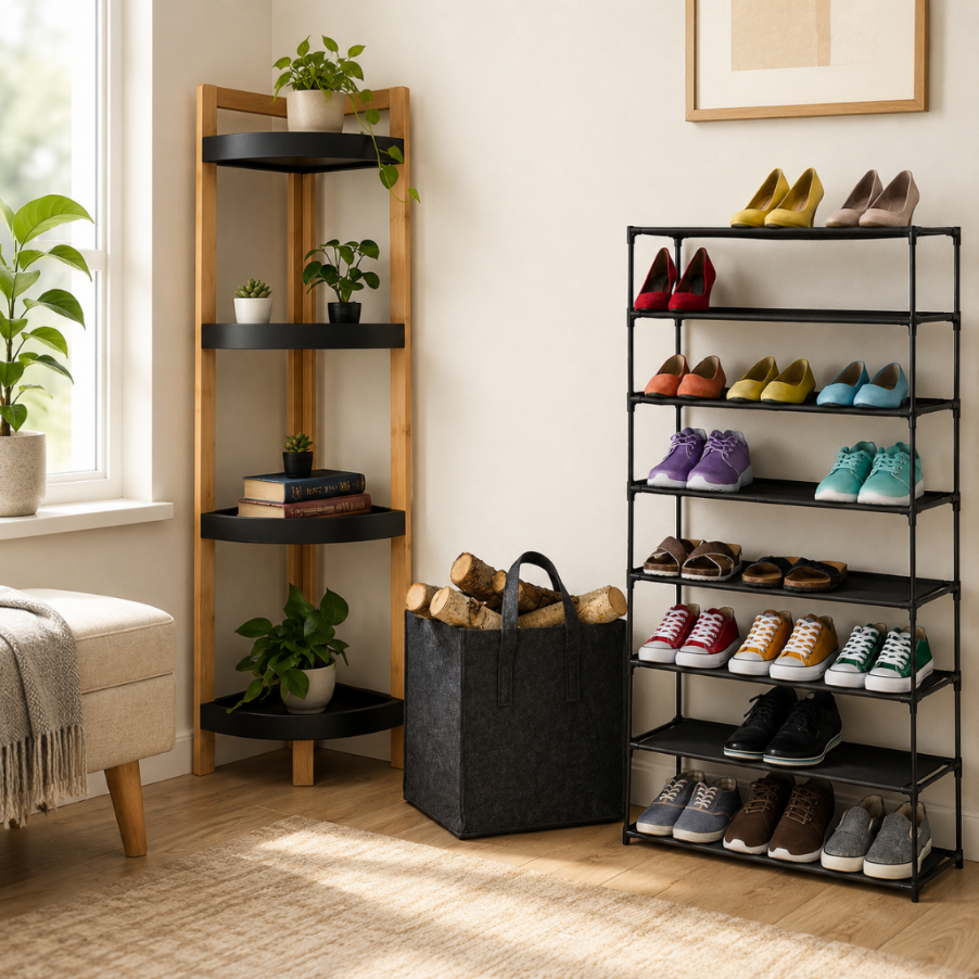 Aufbewahrungsset Fur Den Kleiderschrank 3 Teilig Einsteckbares Schuhregal Eckregal Aus Bambus Und Tragekorb Aus Filz 221618831 221618831 221618831