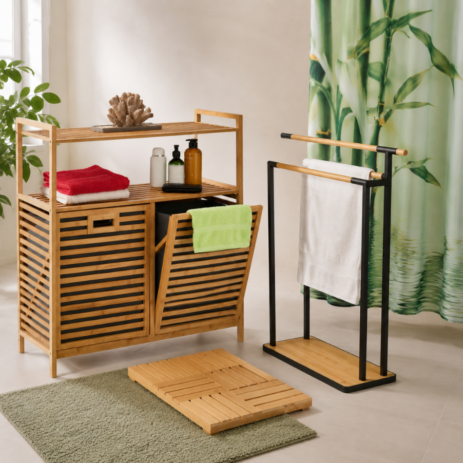 Bambus Sortier Badezimmer Set 3 Teilig Wascheregal Mit 2 Fachern Gruner Duschvorhang Und Handtuchhalter Mit 2 Stangen 221352049 221352049 221352049 221352049