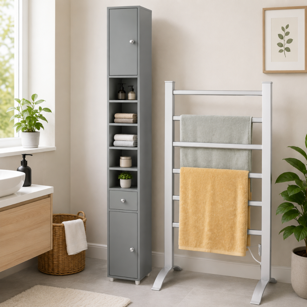 Beheiztes Badezimmerschrank Set 2 Teilig Schlanker Wandschrank Mit Schublade Und Elektrischem Handtuchwarmer Mit 6 Stangen 221618804 221618804