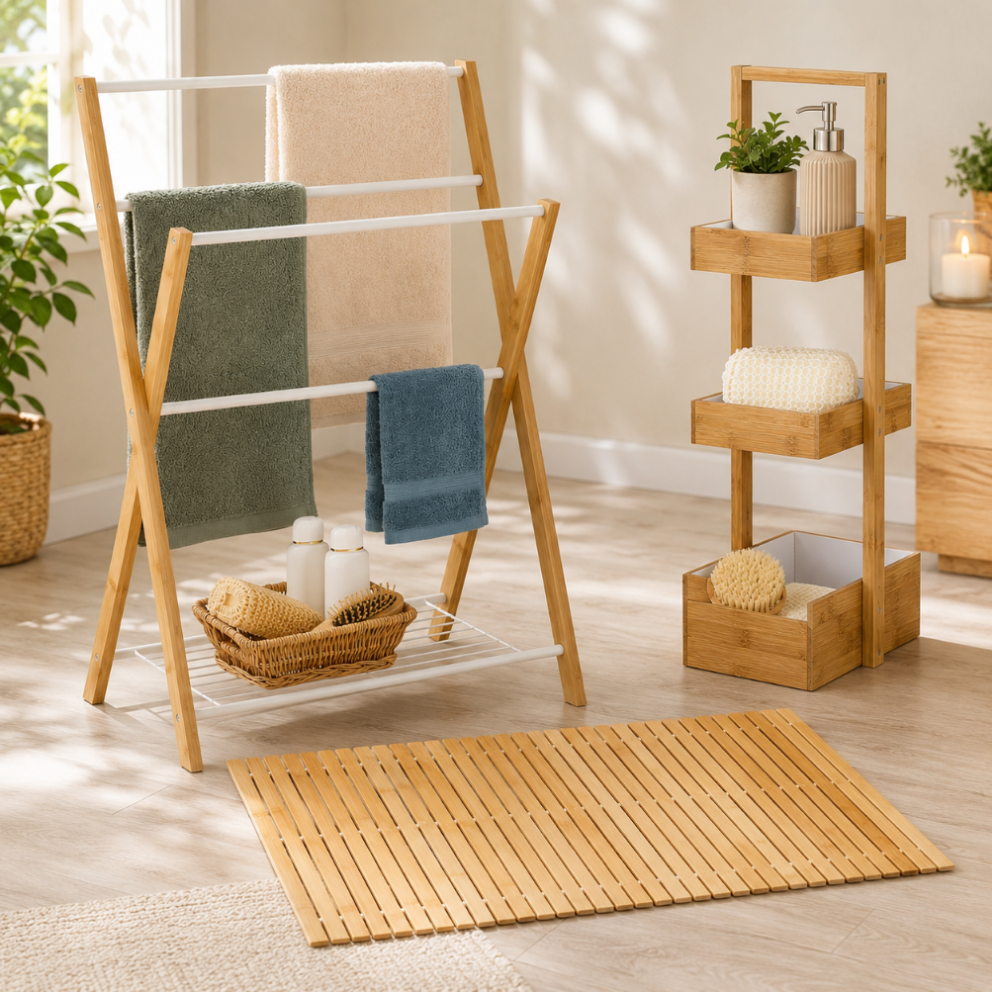 Bambus Badezimmer Set 3 Teilig Rutschfeste Badematte Freistehender Handtuchhalter Und Regal Mit 4 Korben 221352161 221352161 221352161
