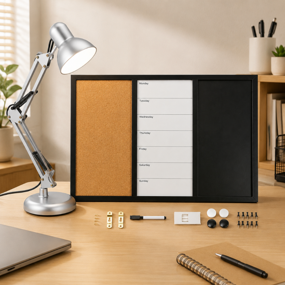 Retro Leselampen Set 2 Teilig Verstellbare Schreibtischlampe In Silber 3 In 1 Planer Aus Kork Mit Whiteboard Funktion 221352142 221352142