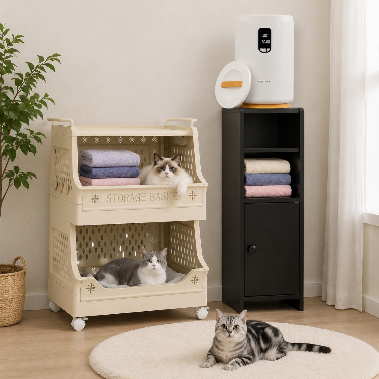 Beheiztes Badezimmerschrank Set 3 Teilig Schmaler Schrank Handtuchwarmer Und Waschewagen Auf Rollen 221618946 221618946