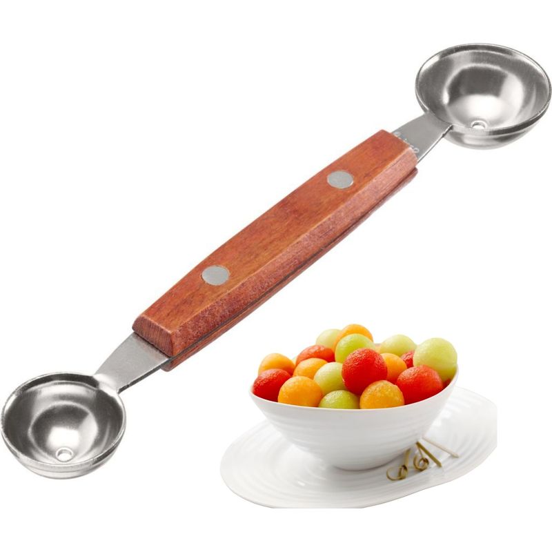 Doppelseitiger Pariser Löffel – Kleiner Löffelkopf, Geeignet Zum Auslöffeln Des Fruchtfleisches Von Melonen, Kiwis Und Obst Und Gemüse, Edelstahl- Und Holzdesign, 16,7 X 2,5 Cm.