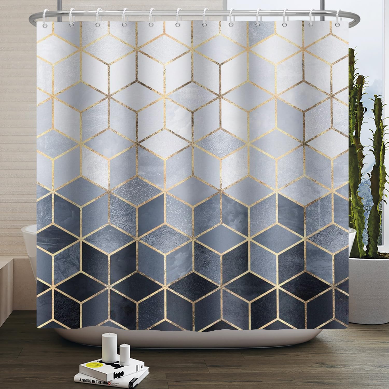 Sechseckiger Duschvorhang In Schwarz-blau-marmoroptik – Geometrischer Waben-duschvorhang Mit Goldrand – Wasserdicht – Abstrakter, Moderner Badezimmer-duschvorhang – 150 X 180 Cm