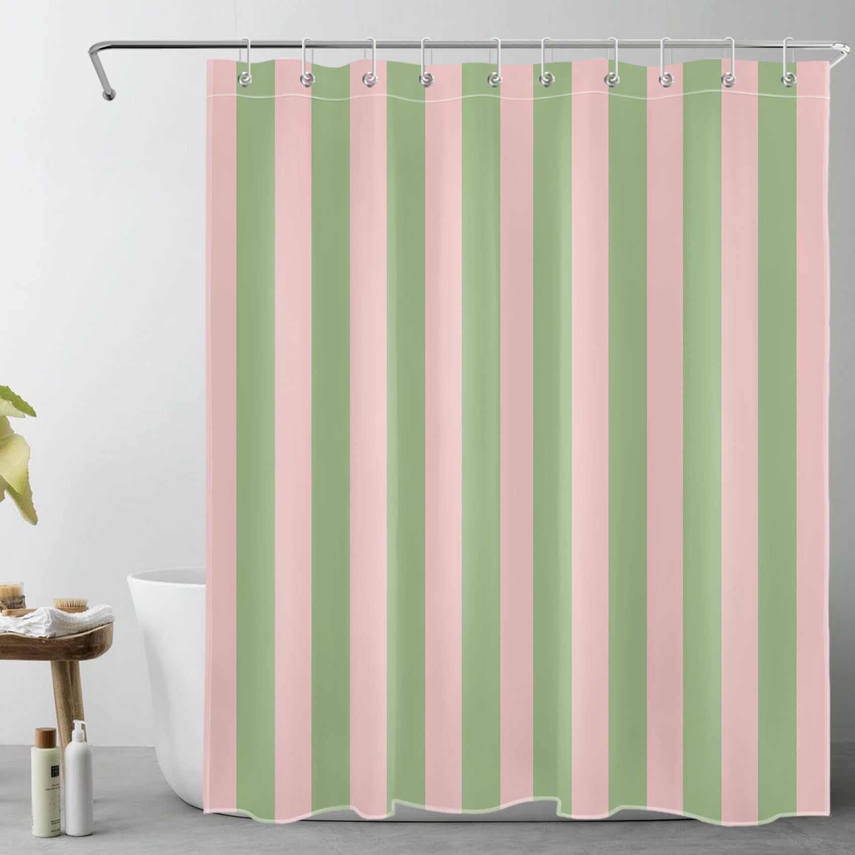 Duschvorhang Mit Rosa-grünen Streifen – Modernes Und Minimalistisches Design Mit Abstrakten Vertikalen Streifen, Inklusive 10 Ringen – Ein Duschaccessoire, Das Ästhetik Und Retro-stil Vereint (150 X 1