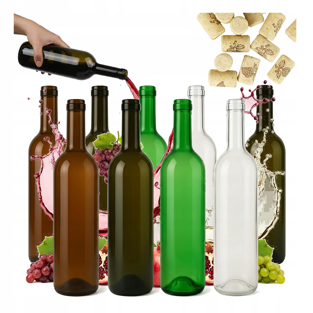 10 Weinflaschen À 750 Ml, Bordeauxrotes Glas + Korken, 4 Farben, 0,75 L