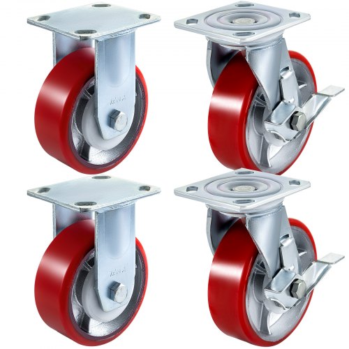 4er-pack Lenkrollen 6 X 2 Zoll, 2 Starre Und 2 Lenkrollen Mit Seitenbremse, Polyurethan-eisenkernplatte, 1000 Pfund Tragkraft Pro Rad