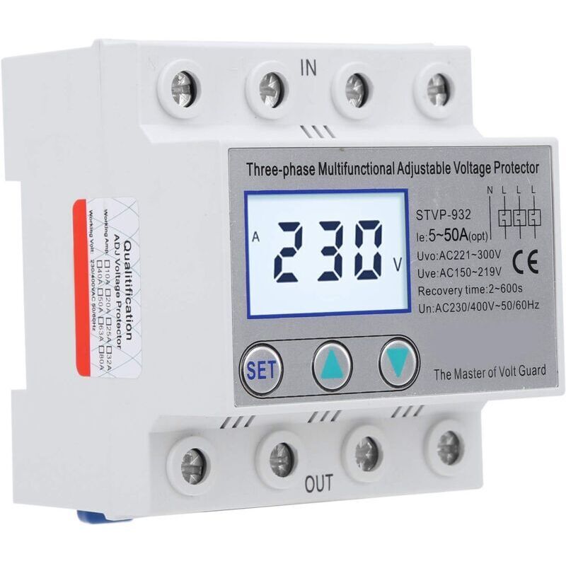 Einstellbarer Überspannungsschutz Stvp-932 230 V/400 V Ac – Automatischer Dreiphasiger 50-a-schutz – Lcd-anzeige – Schienenmontage