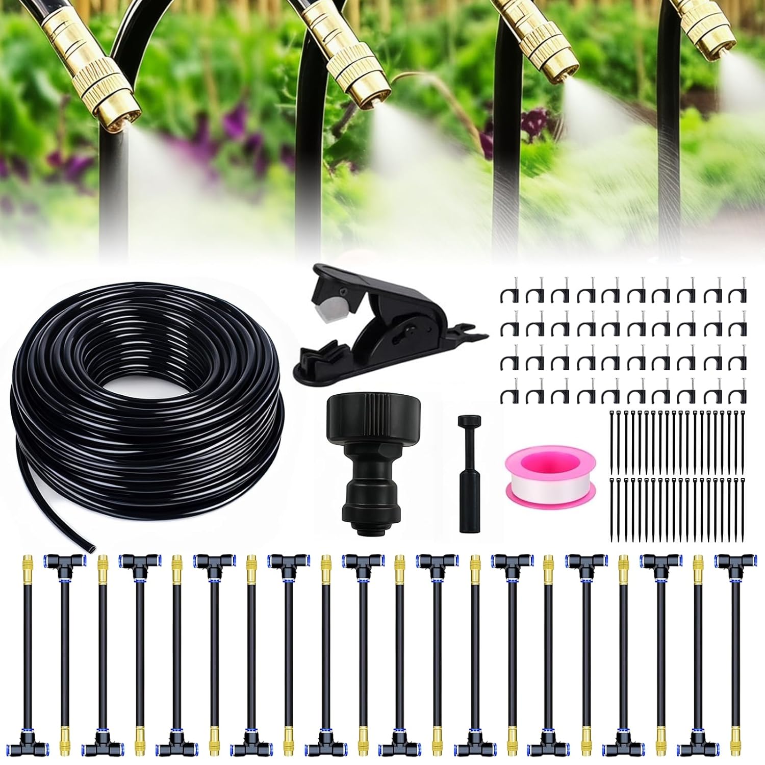 Garden Irrigation System, 360° Spray Mist Irrigation Drip Set With 20 M Hose, 20 Adjustable Spray Nozzles, Plant Watering Set For Greenhouse, Raised Bed, Patio And Lawn