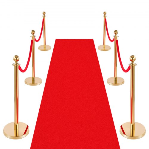 Absperrpfosten 6-teilig, Personenleitsystem Set Mit Rotem Teppich (8 M) & 4 Roten Samtseilen (1,5 M), Absperrständer Mit Nachfüllbarem Sockel Für Konzerte Ausstellungen Hotels Kinos (golden)