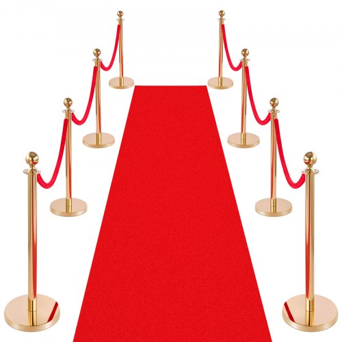 Absperrpfosten 8-teilig, Personenleitsystem Set Mit Rotem Teppich (10 M) & 6 Roten Samtseilen (1,5 M), Absperrständer Mit Nachfüllbarem Sockel Für Konzerte Ausstellungen Hotels Kinos (golden)