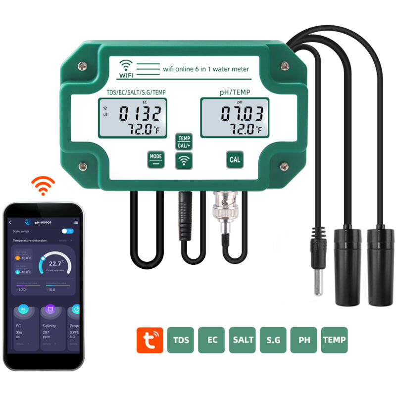 Tuya Wifi 6-in-1 Wasserqualitätstester, Ph/tds/ec/sg/salzgehalt/temperatur, Intelligente Wasserqualitätsüberwachung, 220–240 V