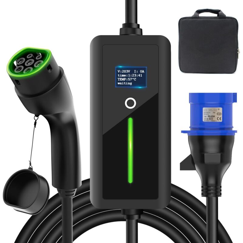Tragbares Ladegerät Für Elektrofahrzeuge Typ 2 32a 7kw – 7,5 M Kabel – Ip67 Wasserdicht Mit Lcd-bildschirm – Integrierter Fehlerstromschutzschalter – 62196-2