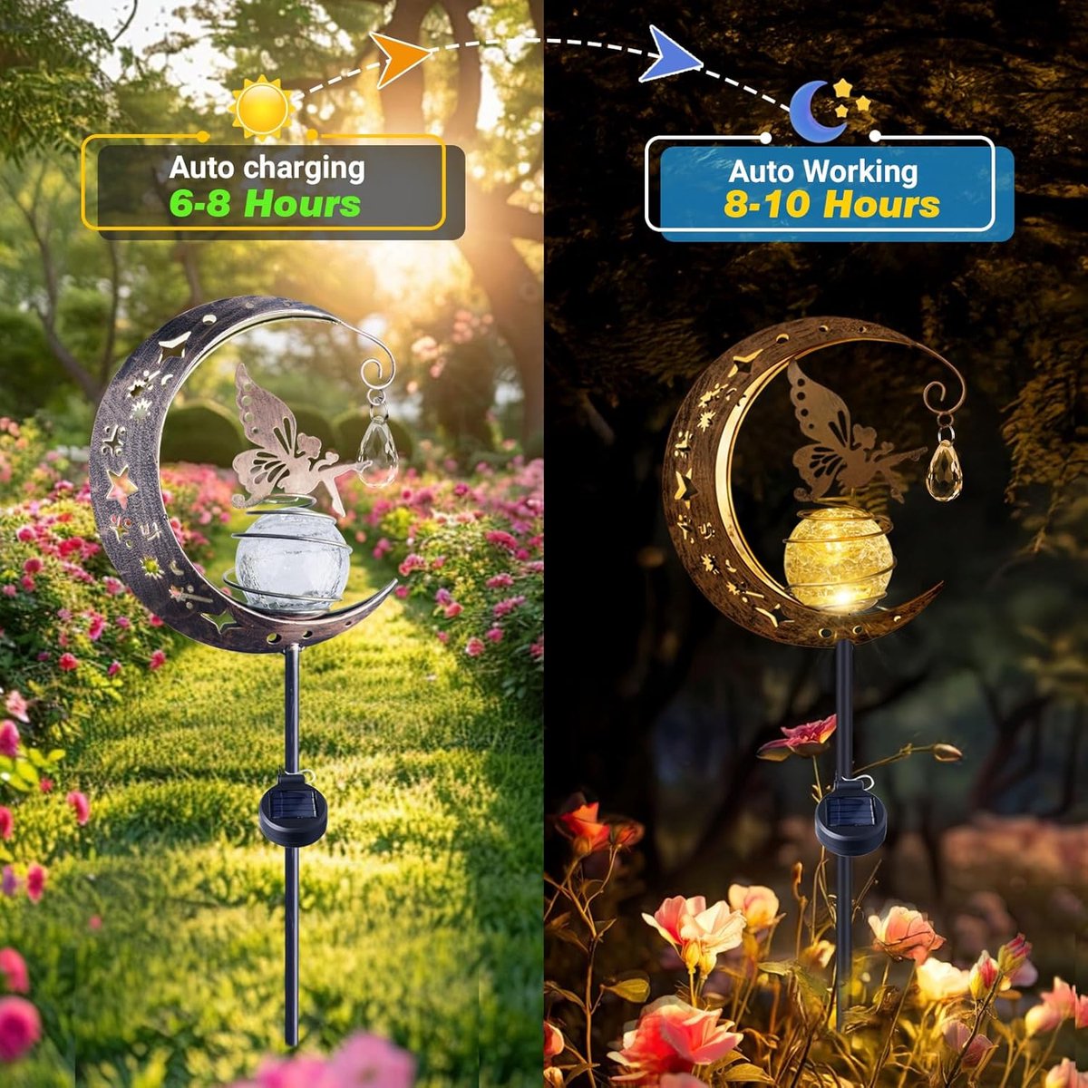 Solar-gartenleuchte Für Den Außenbereich – Wetterfeste Mond-solarleuchte – Mondlampe Aus Metall Mit Led-glaskugel – Elfen-dekoration Für Terrasse, Balkon, Weg Und Rasen – Silber – 1 Stück