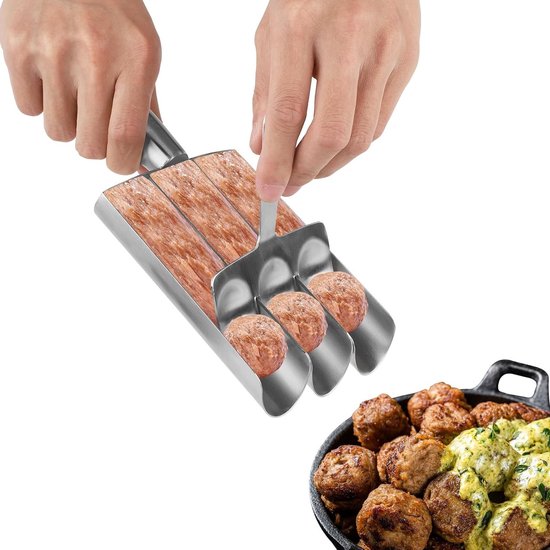 Fleischbällchenformer Mit Löffel – Küchenhelfer – Zubereitung Von Speisen – Formt Drei Bällchen Gleichzeitig – 24 X 11 Cm – Silber