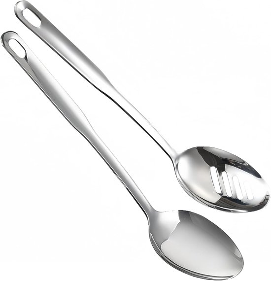 2 Teiliges Küchenlöffelset Große Und Gelochte Servierlöffel 32,5 Cm Silber