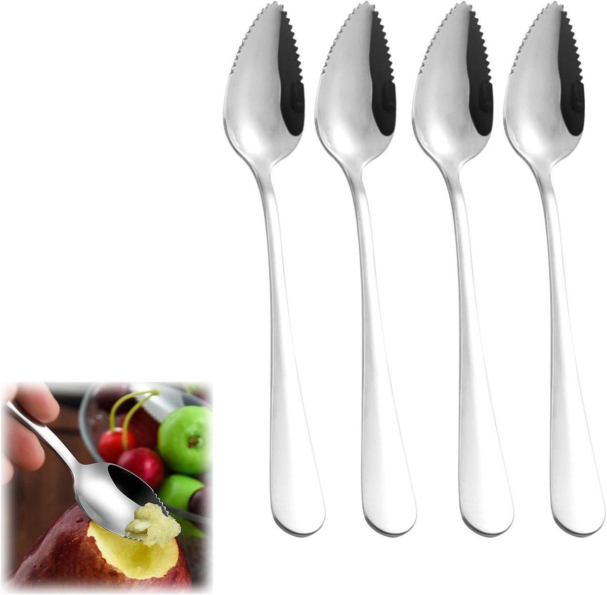 Allecto Plus – 4-teiliges Löffelset Aus Edelstahl Mit Grapefruit- Und Kiwi-form – Babylöffel Mit Gezacktem Rand – Geeignet Für Kiwis, Äpfel Und Grapefruits