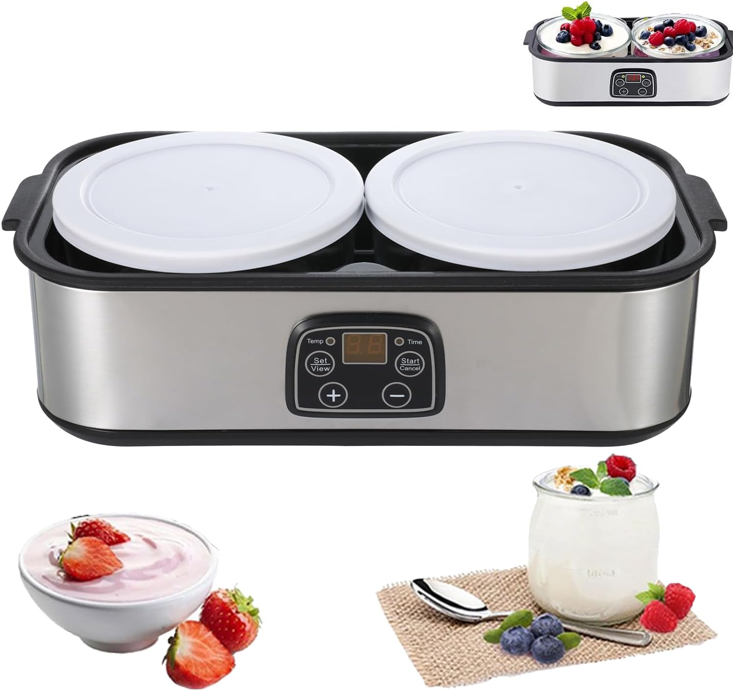 Automatic Yoghurt Machine, 2l Adjustable Temperature & Timer, Electric Yoghurt Maker With Led Display And 2 Glass Containers, Ideal For Preparing Organic Yogurt, Dairy Products, Cheese, Natto