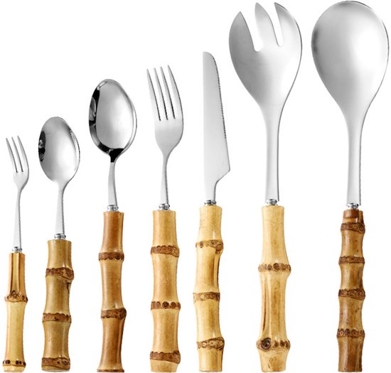 Spezielles Edelstahl-besteckset Mit Bambusgriff (messer, Gabel, Löffel) - Steakmesser Und Dessertlöffel Für Den Hausgebrauch (silber, 7-teiliges Set)