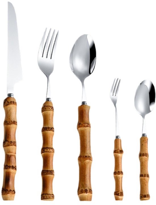 Besteckset Mit Bambusgriffen – Edelstahl – Silber – 5-teilig