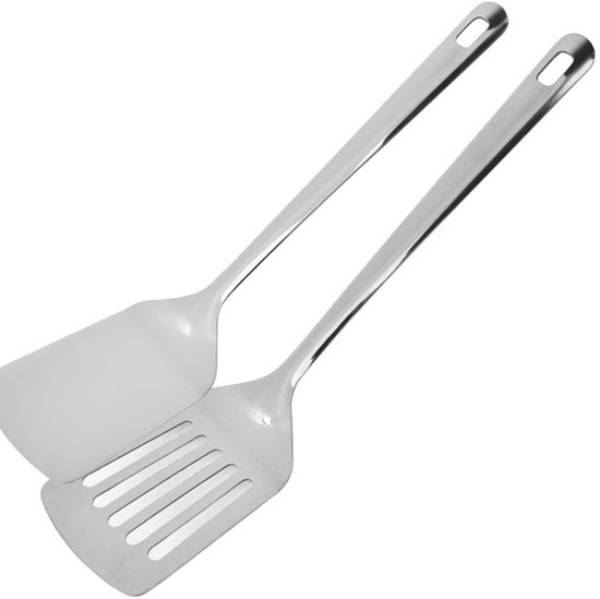 2-teiliges Set Edelstahlspatel Silberfarbene Köpfe Vollflächige Und Ausgeschnittene Designs Küchenhelfer Wok-spatel Geeignet Für Beschichtete Zu 31,5