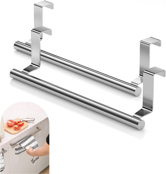 2-teiliger Türhandtuchhalter – Küchenutensil – Handtuchhalter – Für Schranktüren – Edelstahl – Silber