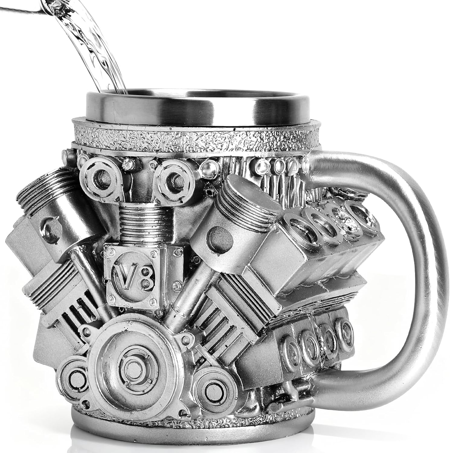 Mechanischer Kaffeebecher Aus Edelstahl, V8-design, Kreatives 3d-motorenmotiv, Doppelwandig Isoliert, Mit Henkel, 250 Ml, Für Auto-fans