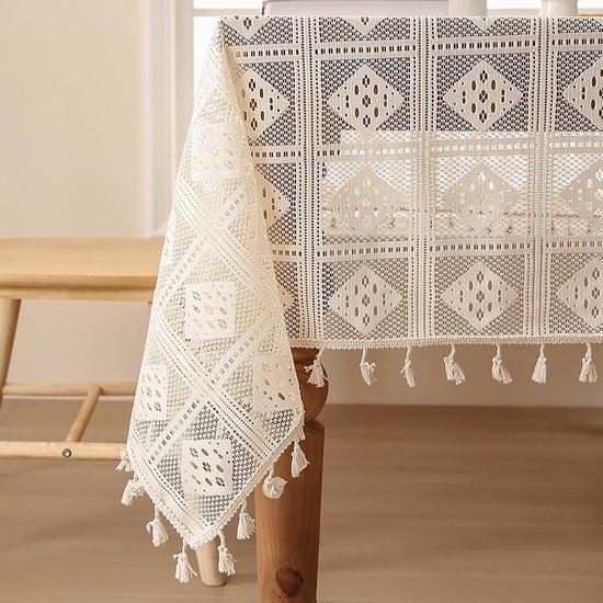 Tischdecke Spitzentischdecke Karomuster Geometrisch Durchbrochen Mit Quasten Grün 140 X 100 Cm