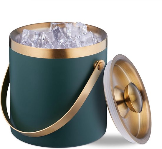 Eisbehälter, Edelstahl, Doppelwandig, Mit Deckel Und Griff, Große Größe, 2 Liter, Metall Eisbehälter, Grün/gold