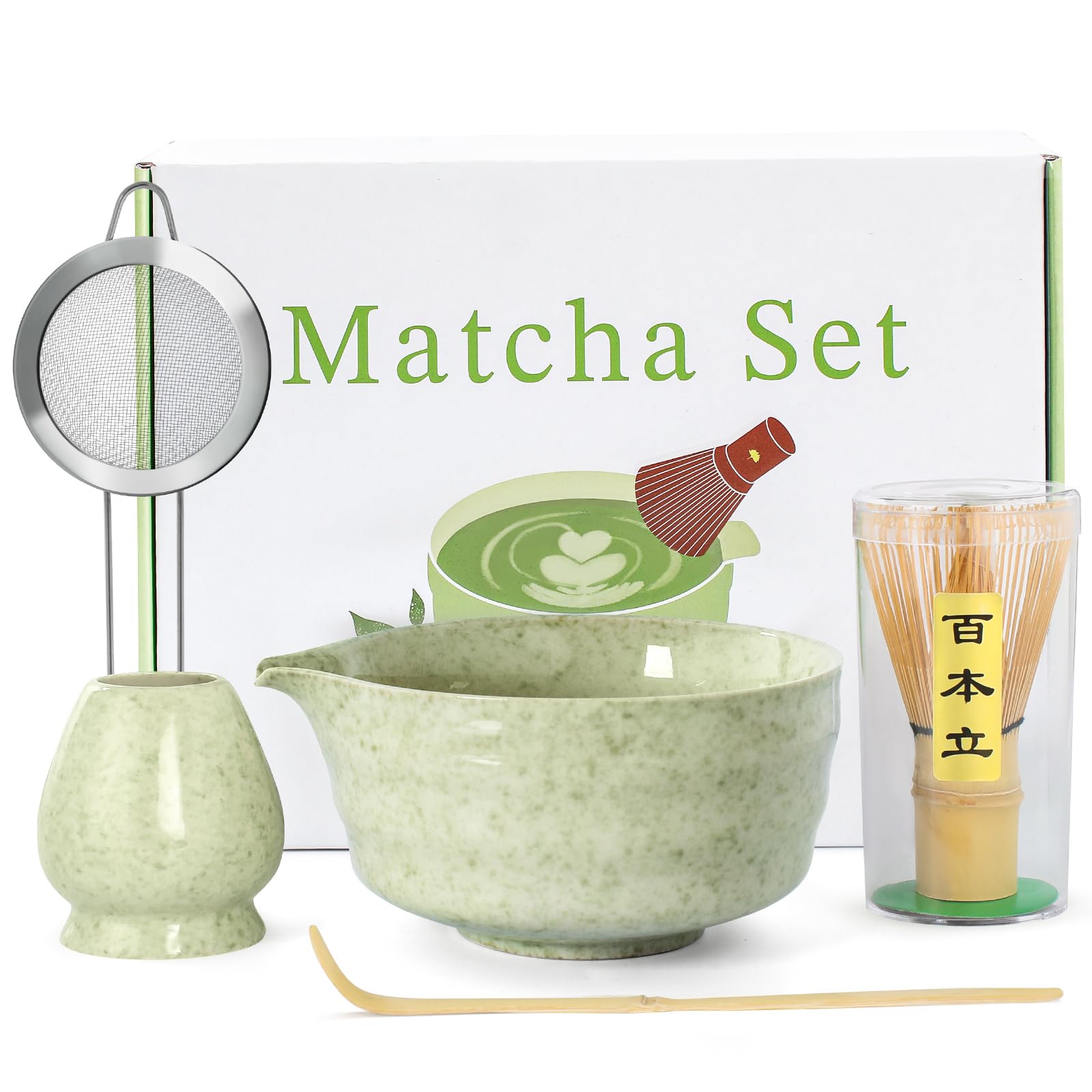 Matcha-zubehörset Aus Keramik Mit Ausgussschale, Teebesen, Japanischer Matcha-schale Mit Set, Chasen (teebesen), Hyakuhon Tachi Fünfteiliges Set