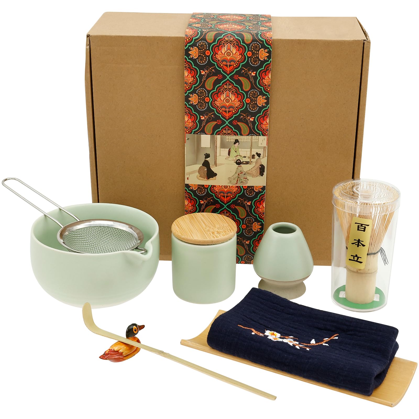 Elegantes 9-teiliges Matcha-zubereitungsset Mit Bambusbesen Und Keramikschale, Grün