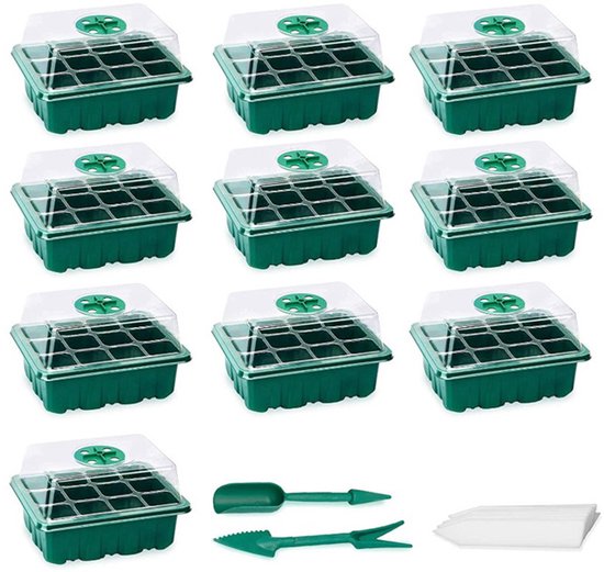 Set Mit 10 Anzuchtschalen Mit Feuchtigkeitsregulierung 12 Zellen Pro Schale Mit Verstellbaren Deckeln Und Böden Inklusive Pflanzenetiketten Für Grün
