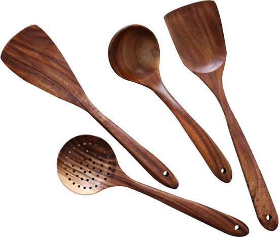 4-teiliges Teakholz-spatelset Holzspatel Suppenkelle Sieb Wok-spatel Suppenkellen Kochutensilien Küchenhelfer Küchenzubehör Für Beschichtete